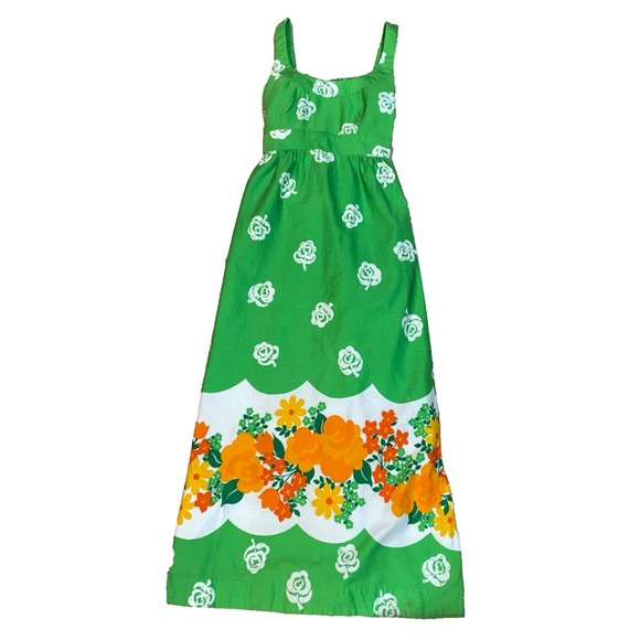 Malia Dresses & Skirts - 70s Malia Vtg Honolulu Green Neon Rainbow Island Hawaiian Maxi Dress Boho Floral